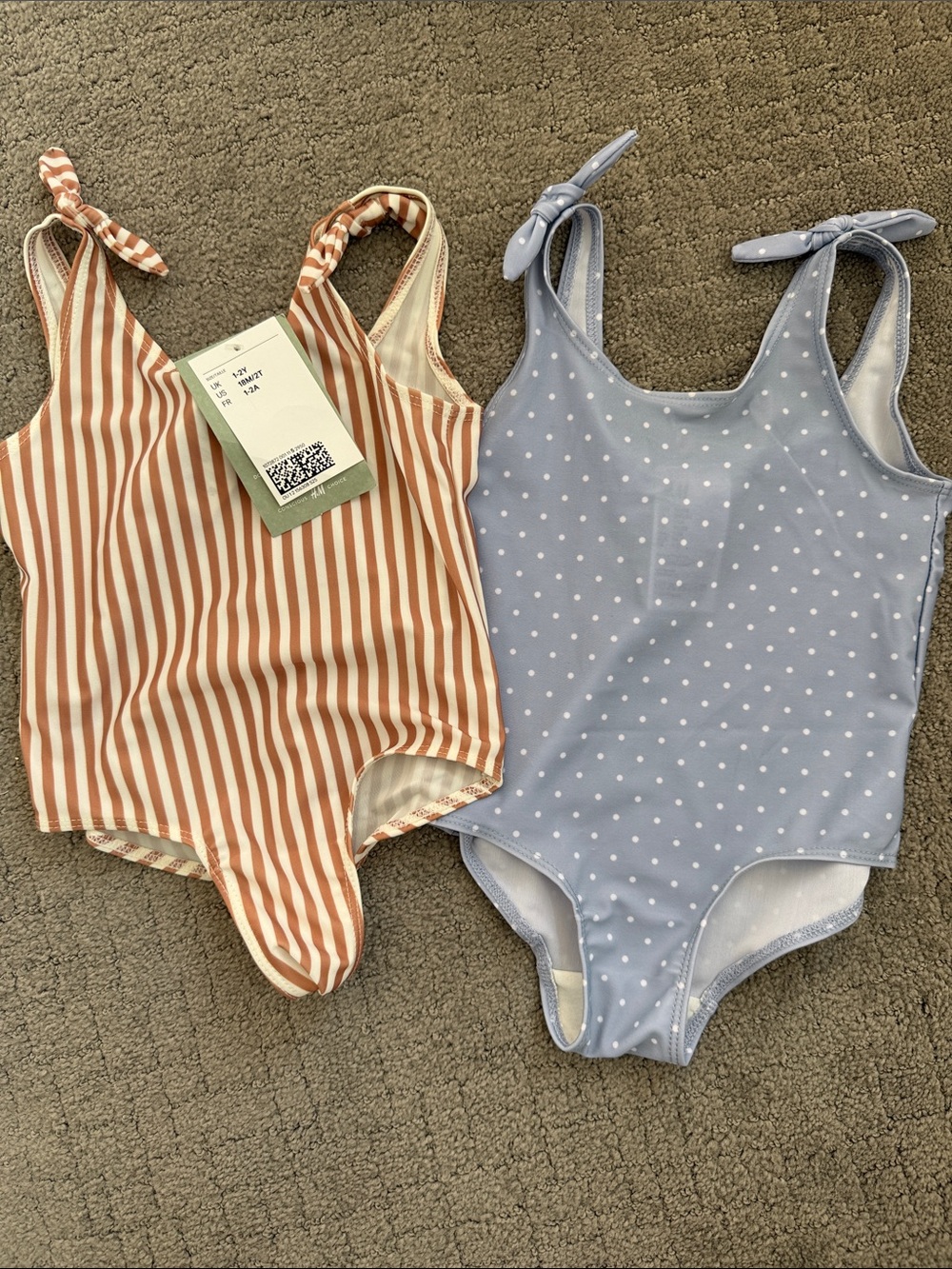 H&M Girls One-Piece Swimsuits in Rust Stripe and Light Blue Dot